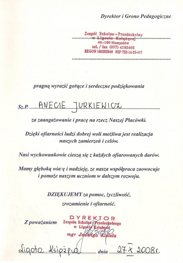 U.R.B. OKNA-DRZWI-ROLETY ma certyfikat wystawiony przez Zespół Szkolno-Przedszkolny w Ligocie Książęcej 