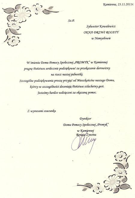 U.R.B. OKNA-DRZWI-ROLETY ma certyfikat wystawiony przez Podziękowanie- Dom Pomocy Społecznej PROMYK w Kamiennej
