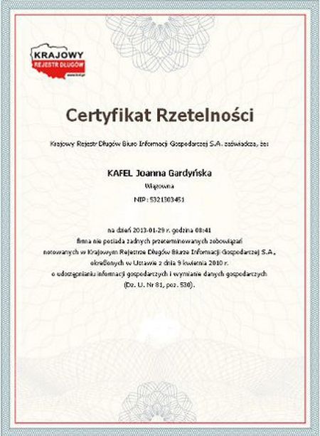 KAFEL ma certyfikat wystawiony przez Certyfikat Rzetelna Firma