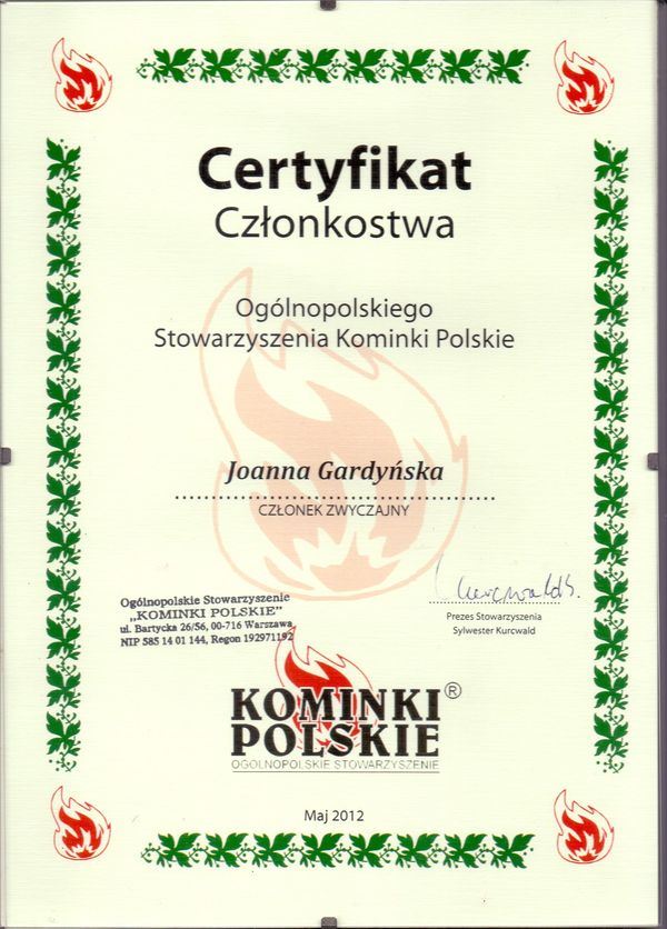 KAFEL ma certyfikat wystawiony przez Ogólnopolskie Stowarzyszenie KOMINKI POLSKIE - Certyfikat Członkostwa
