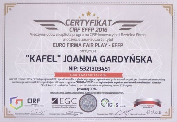 KAFEL ma certyfikat wystawiony przez CIRF EFFP 2016 - CIRF - Innowacyjna i Rzetelna Firma