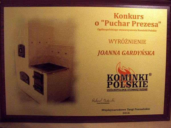 KAFEL ma certyfikat wystawiony przez Konkurs o Puchar Prezesa - Ogólnopolskie Stowarzyszenie KOMINKI POLSKIE