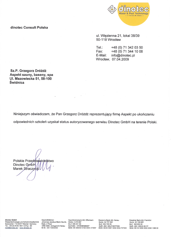ASPEKT INWESTYCJE ma certyfikat wystawiony przez dinotec Consult Polska