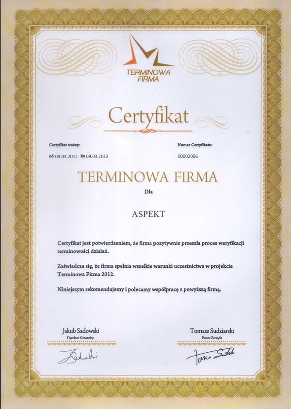 ASPEKT INWESTYCJE ma certyfikat wystawiony przez Certyfikat- Terminowa Firma 2012