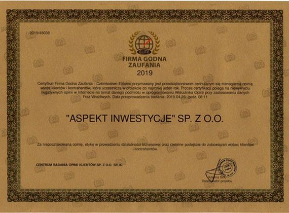 ASPEKT INWESTYCJE ma certyfikat wystawiony przez Firma Godna Zaufania 2019