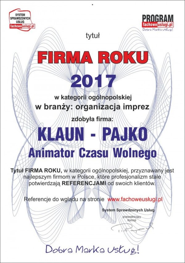 KLAUN - PAJKO ma certyfikat wystawiony przez Program FACHOWE USŁUGI