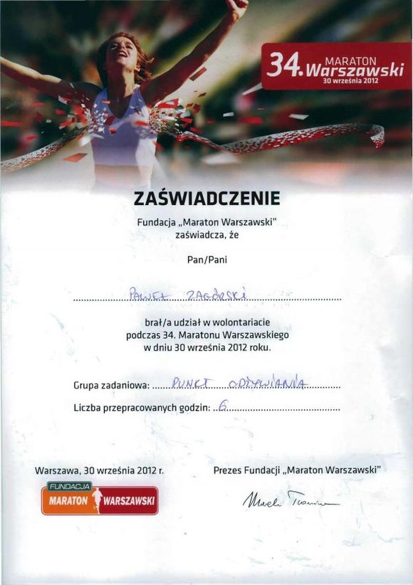 KLAUN - PAJKO ma certyfikat wystawiony przez Fundacja Maraton Warszawski - Warszawa