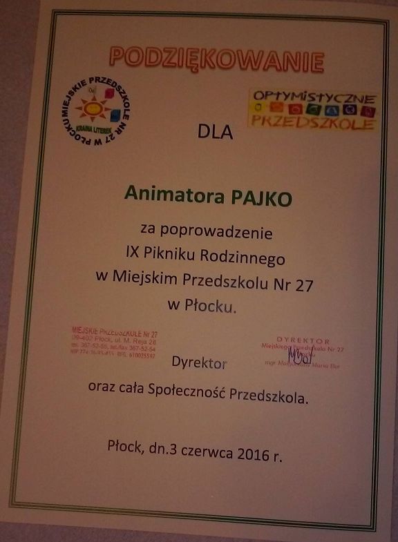 KLAUN - PAJKO ma certyfikat wystawiony przez Podziękowanie Miejskie Przedszkole Nr 27 w Płocku