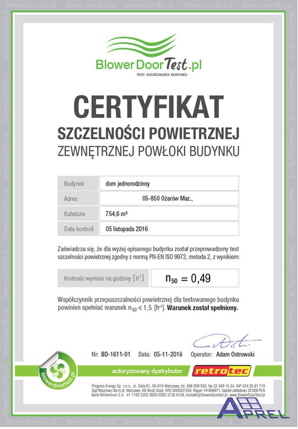 APREL ma certyfikat wystawiony przez Certyfikat Szczelności Powietrznej Budynku - Blower Door Test.pl