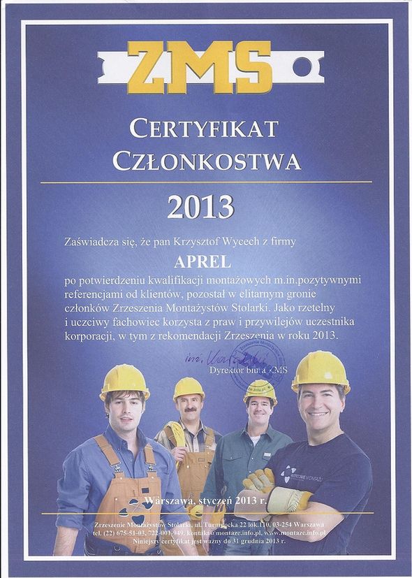 APREL ma certyfikat wystawiony przez Certyfikat Członkostwa ZMS 2013