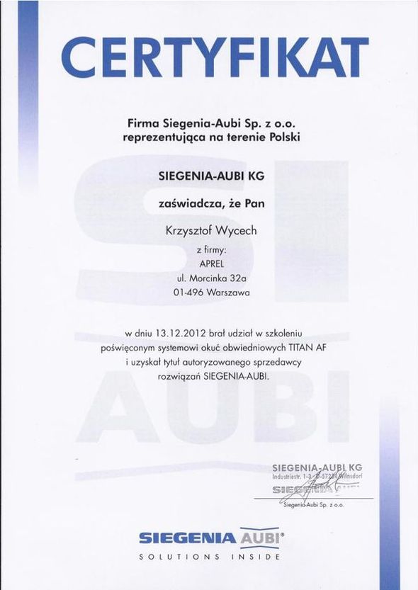 APREL ma certyfikat wystawiony przez Certyfikat SIEGIENIA - Aubi.