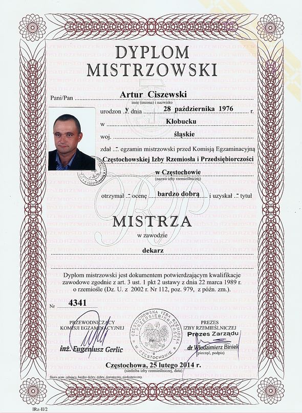 Firma Dekarska DEKART ma certyfikat wystawiony przez Dyplom Mistrzowski - dekarz - Izba Rzemieślnicza