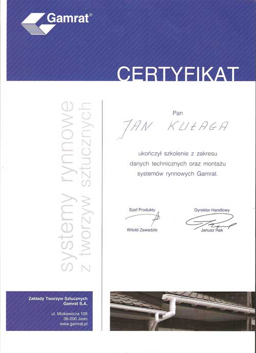 Firma Dekarska DEKART ma certyfikat wystawiony przez Gamrat