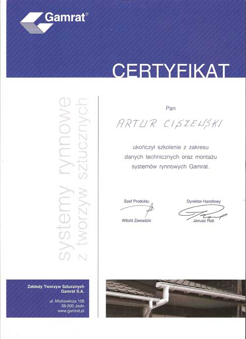 Firma Dekarska DEKART ma certyfikat wystawiony przez Gamrat