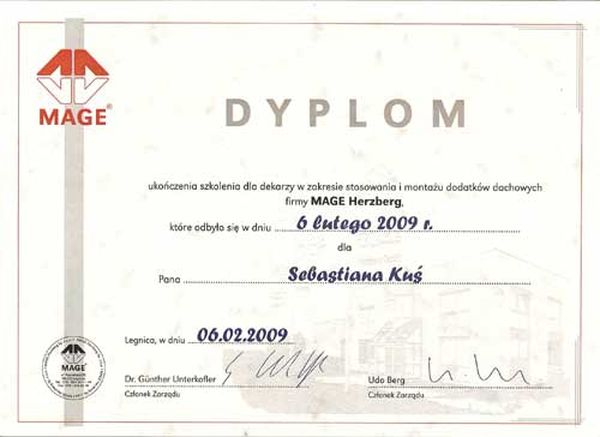 Firma Dekarska DEKART ma certyfikat wystawiony przez Dyplom MAGE
