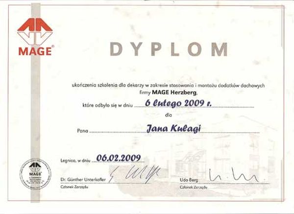 Firma Dekarska DEKART ma certyfikat wystawiony przez Dyplom MAGE