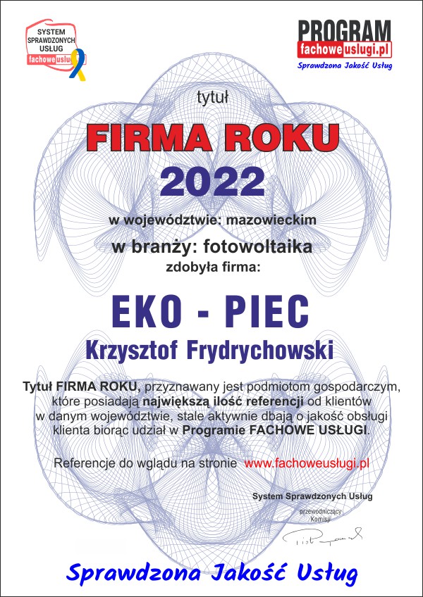 EKO-PIEC Systemy Grzewcze Krzysztof Frydrychowski ma certyfikat wystawiony przez Program FACHOWE USŁUGI