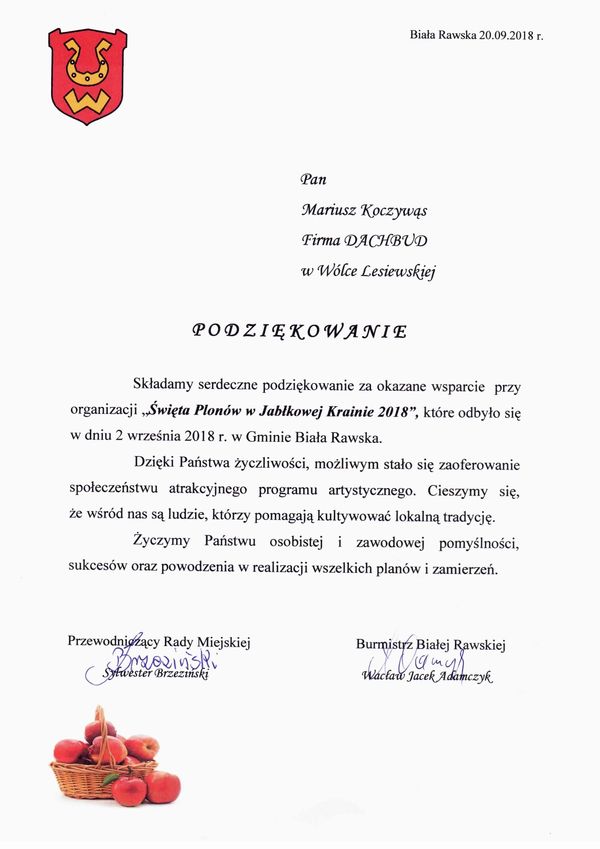DACHBUD ma certyfikat wystawiony przez Burmistrz Białej Rawskiej