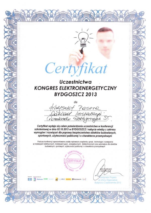Z.I.i P.E. S.C ma certyfikat wystawiony przez CERTYFIKAT KONGRES ENERGETYCZNY Bydgoszcz 2013