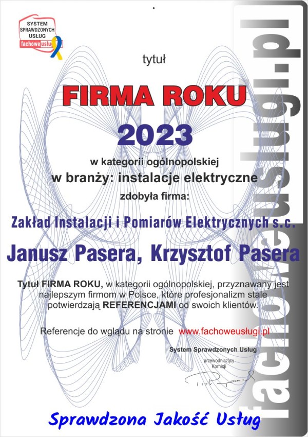 Z.I.i P.E. S.C ma certyfikat wystawiony przez FACHOWEUSLUGI.PL