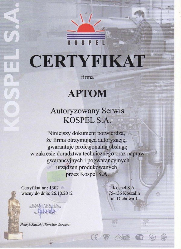 APTOM ma certyfikat wystawiony przez KOSPEL S.A.