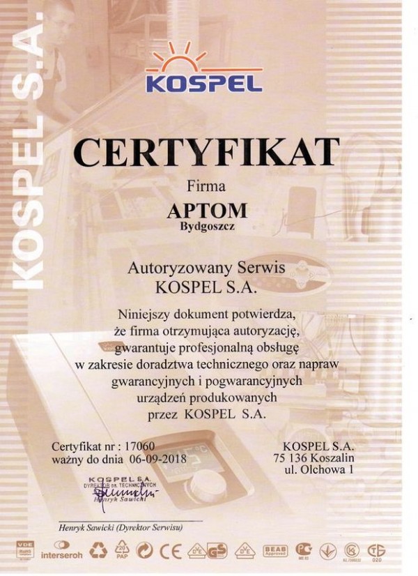APTOM ma certyfikat wystawiony przez Autoryzowany Serwis KOSPEL S.A.