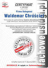Firma CHRÓŚCIEL WALDEMAR otrzymała certyfikat sprawdzona jakość usług