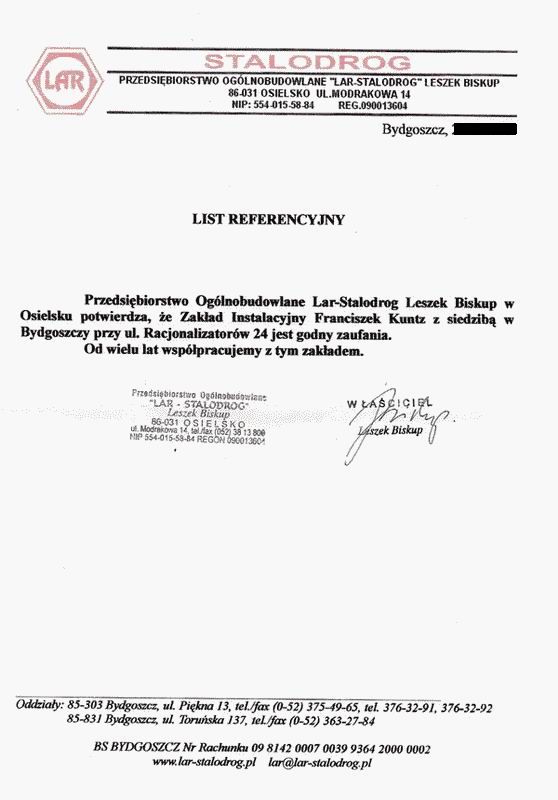 Referencje wystawione przez LAR-STOLODROG Leszek Biskup - Osielsko