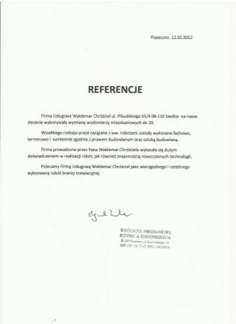 Referencje wystawione przez WSPÓLNOTA MIESZKANIOWA BUDYNKU - Piaseczno