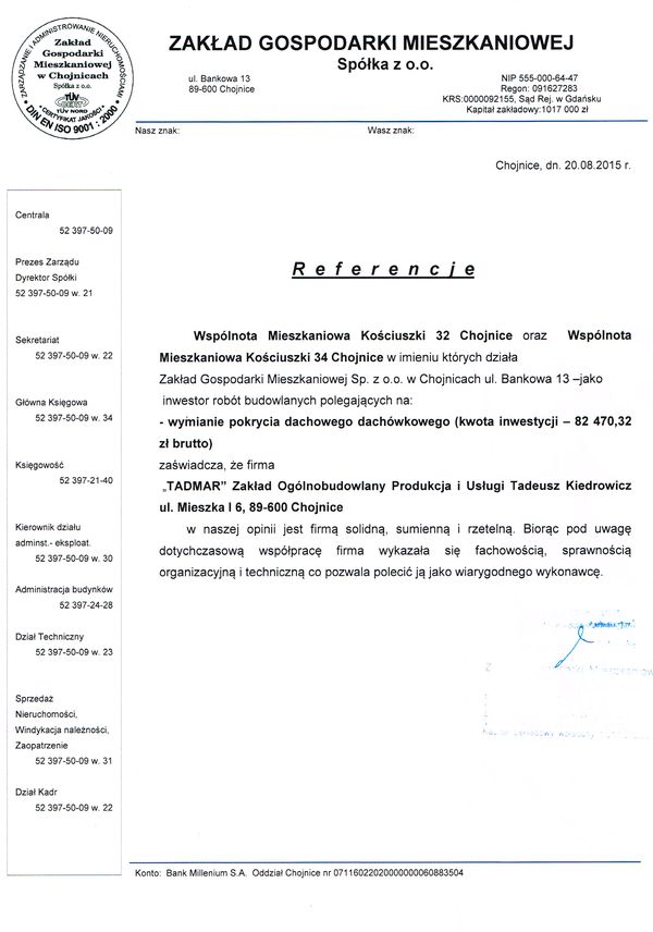 Referencje wystawione przez Zakład Gospodarki Mieszkaniowej w Chojnicach