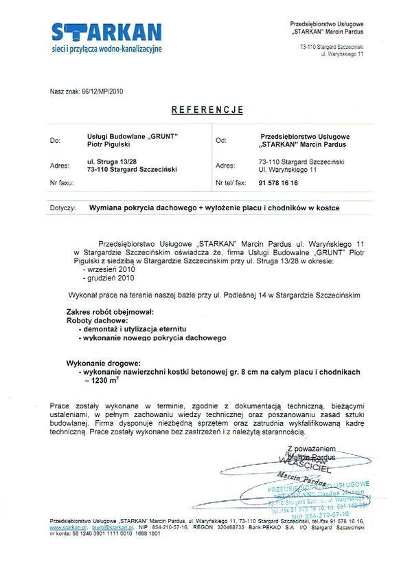 Referencje wystawione przez Przedsiębiorstwo Usługowe STARKAN - Stargard Szczeciński 
